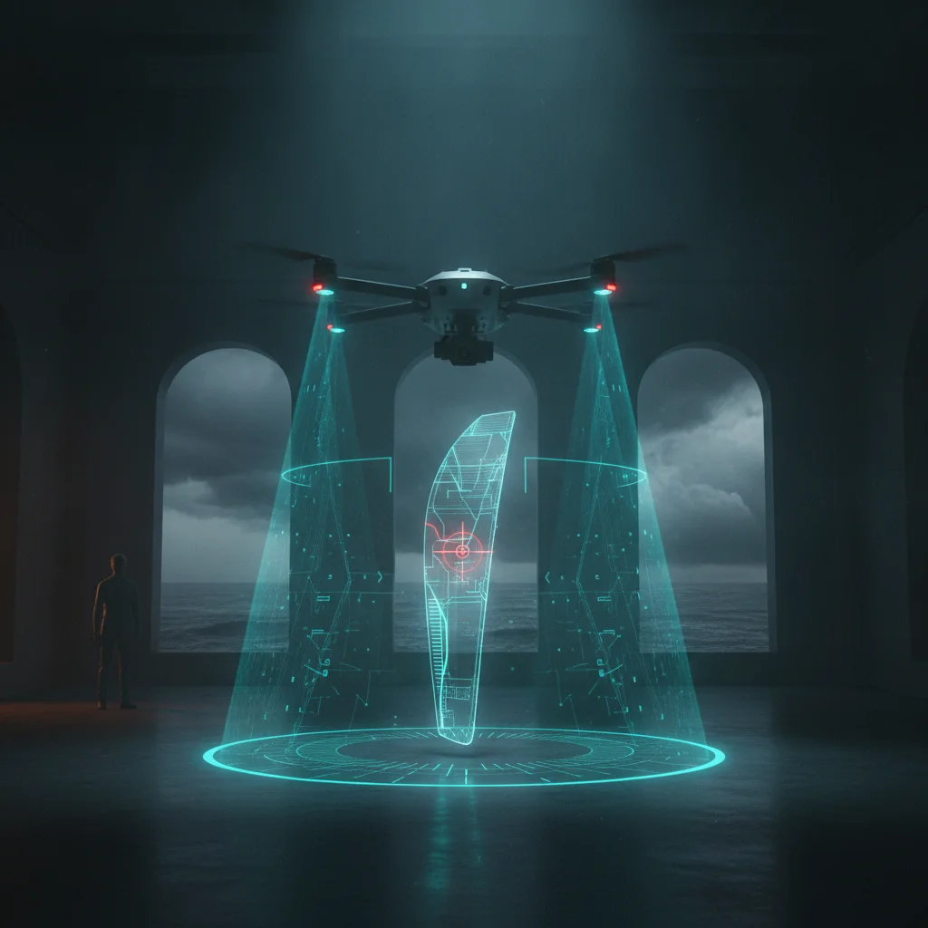 Side‑by‑side comparison of standard visual flight path and AI‑enhanced mapping grid on a blade inspection screen
