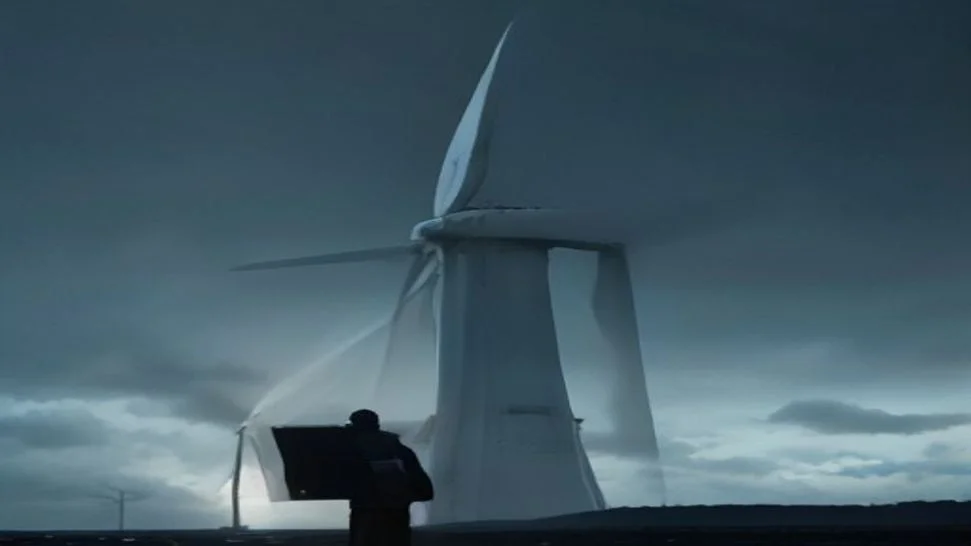Drone flying beside an offshore wind turbine blade during an offshore wind drone inspection at sea